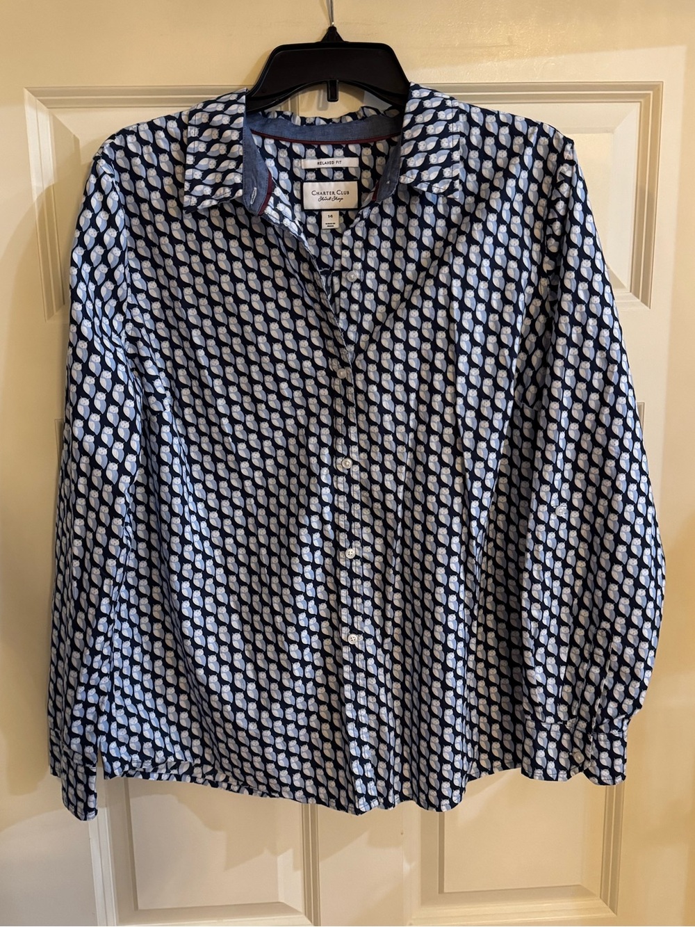 Charter Club Blue & White Patterned Button-Down Shirt Owl print relaxed fit